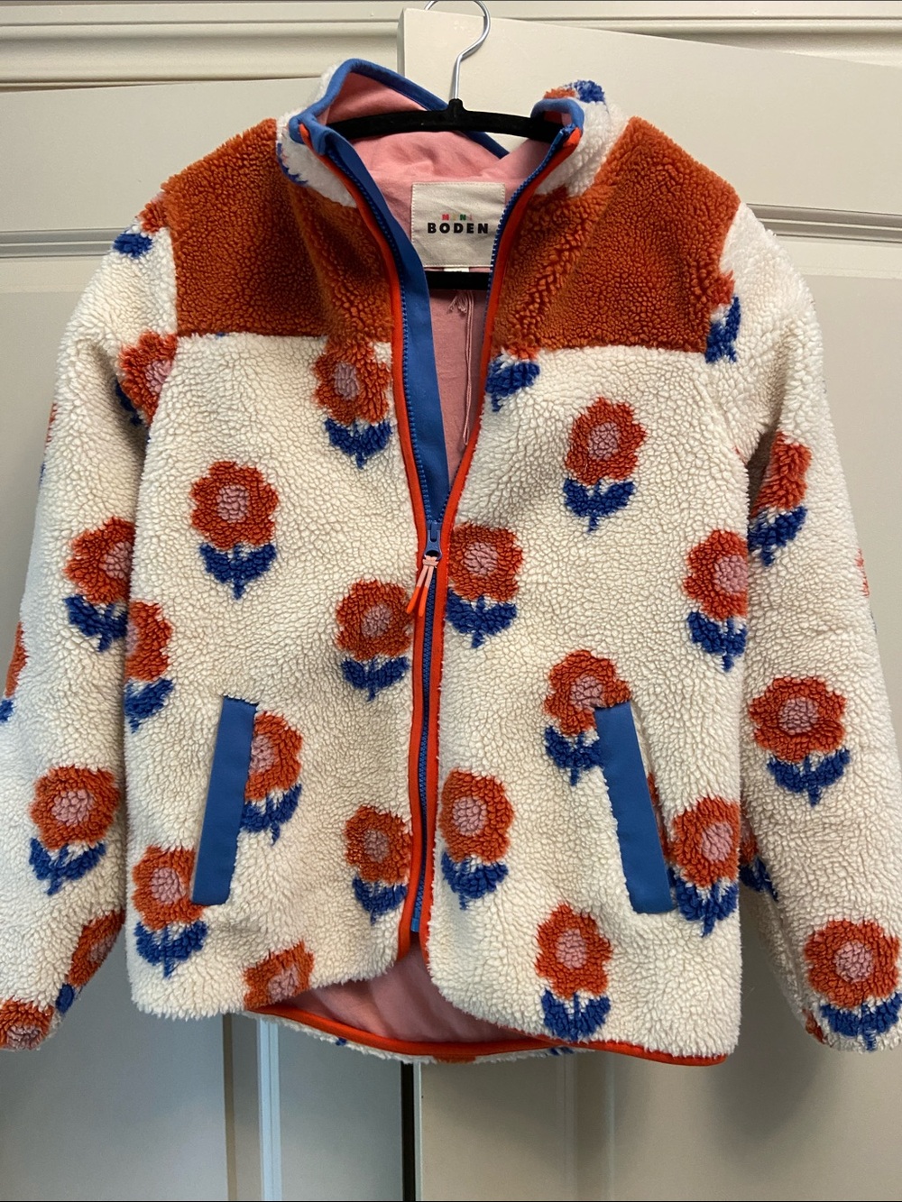 Boden Cream Sherpa Jacket with Orange Floral Print and Blue Trim